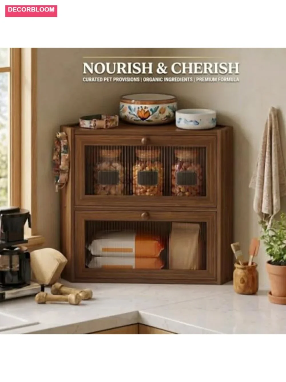 2 Tier Bamboo Bread Box for Kitchen Countertop, Large Capacity Corner Storage